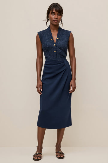 V-Neck Navy Sheath Midi Work Dress